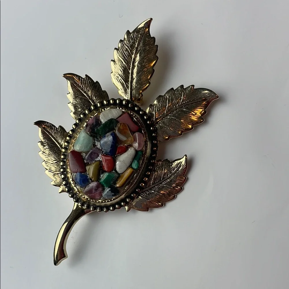 Vintage Leaf Brooch with Multicolor Stones
